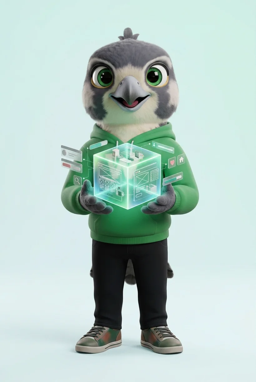 Falko présentant un site web en construction dans un cube lumineux